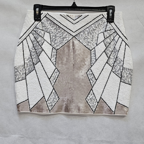 Express Petite Sequin Abstract Champaign White Silver Mini Skirt Size S - Picture 1 of 5